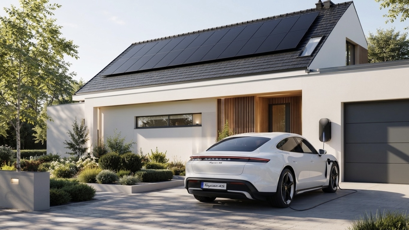 E-Auto an Wallbox vor Haus mit Solardach
