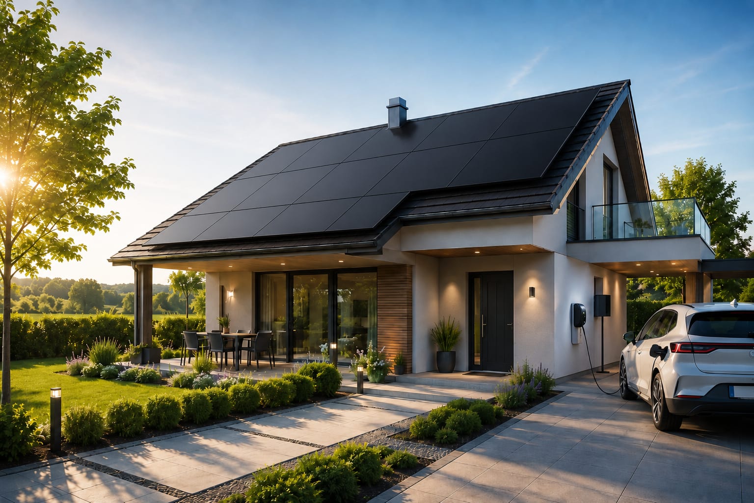 Modernes Einfamilienhaus mit schwarzer Photovoltaikanlage auf dem Dach und Wallbox mit ladendem Elektroauto in der Abendsonne