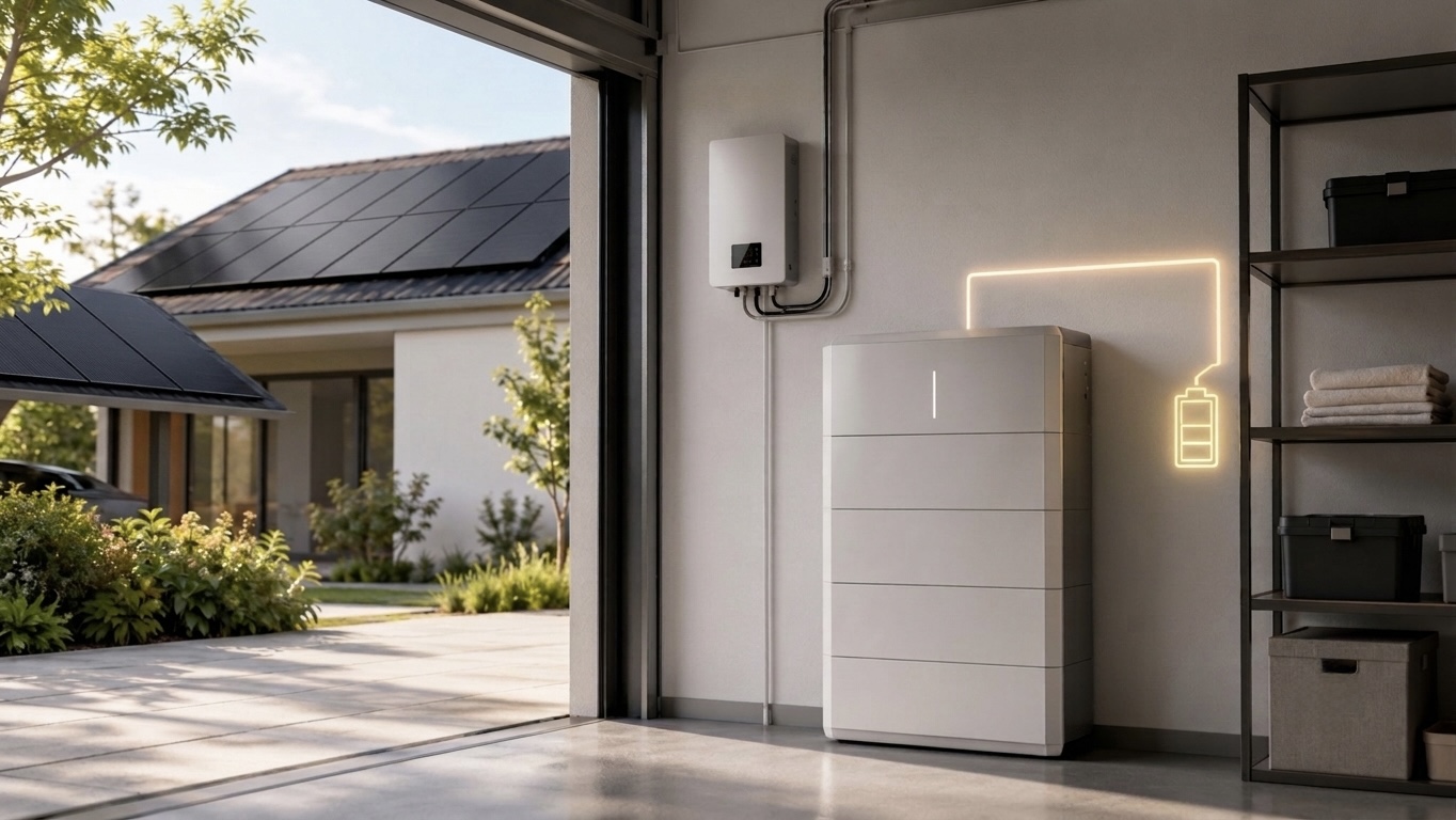 Stromspeicher-System mit Solaranlage im Hintergrund